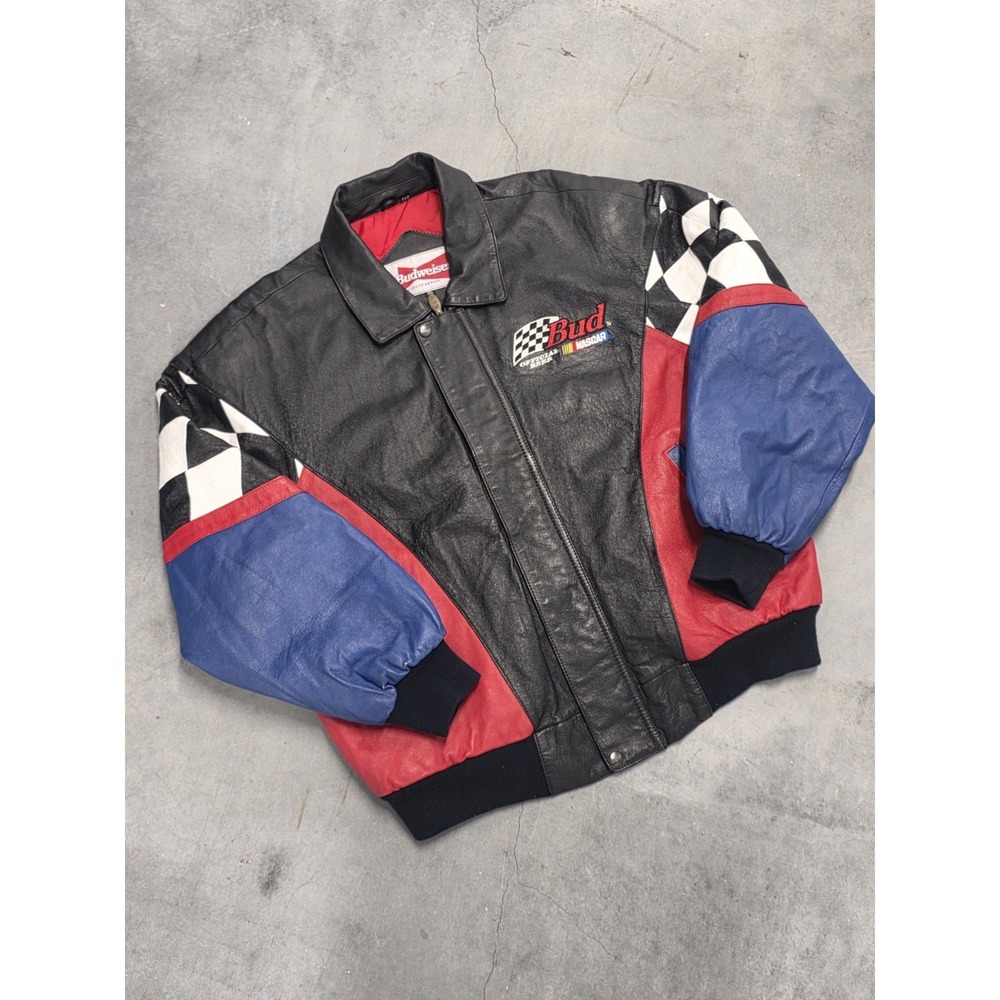 Budweiser NASCAR Black Leather Jacket Checkered Sleeves Sz XL VTG Dry Cleaned